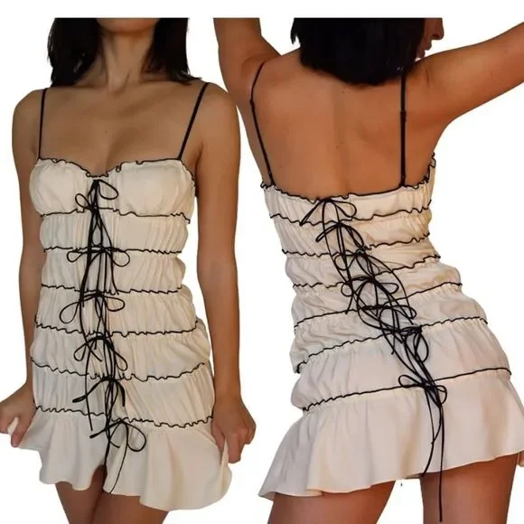 Chloefairy Summer Ruched Mini Dress Ruffle Tunnel Spaghetti Straps Size Medium - Picture 1 of 11